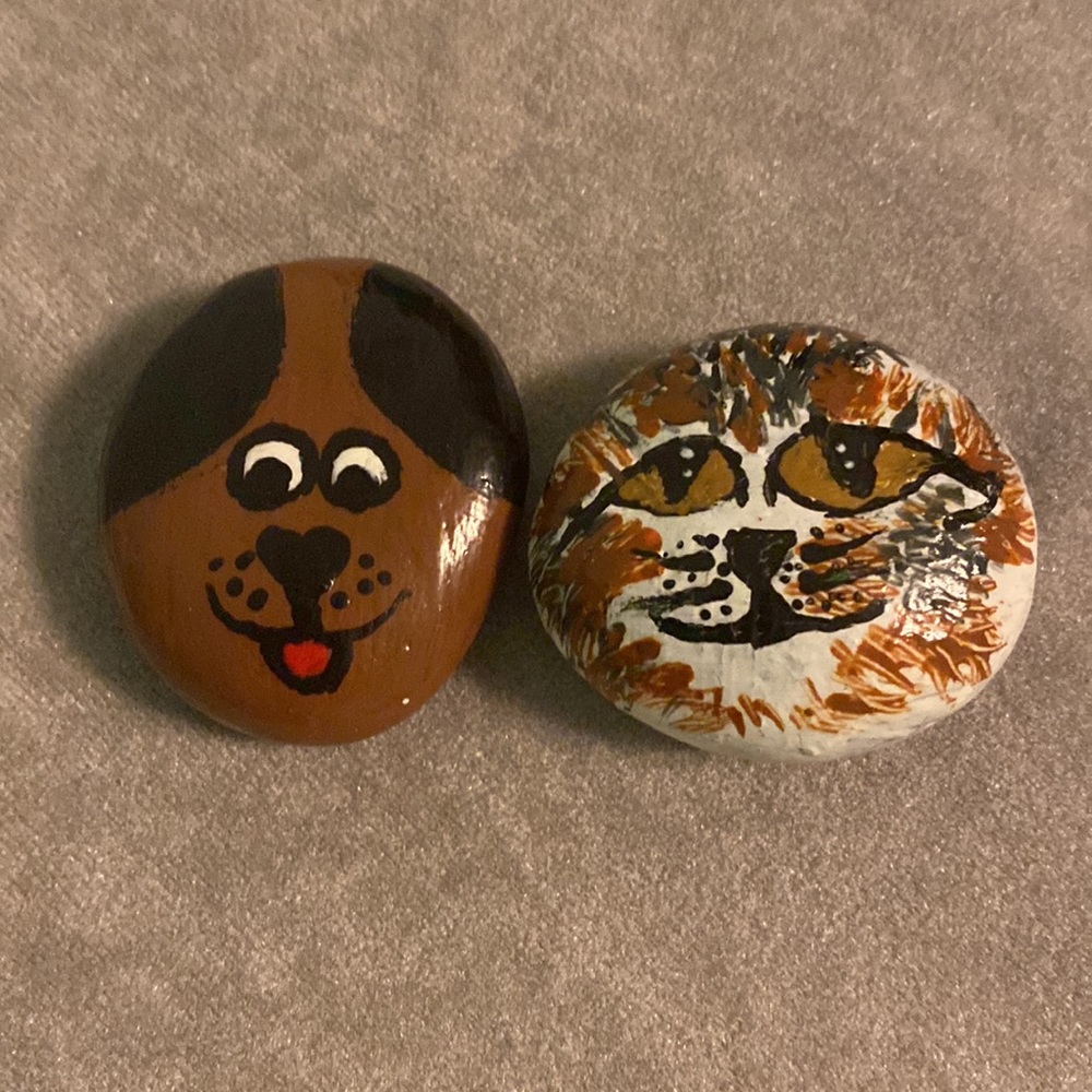 Pair of Hand Painted Rocks - Cat & Dog